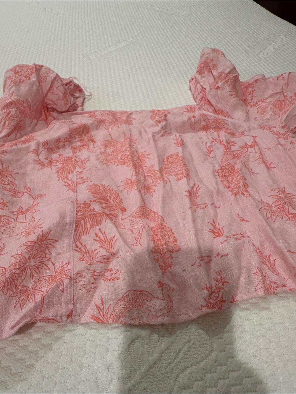 Cynthia Rowley Pink & Coral Floral Puff-Sleeve Crop Top 100% linen